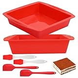 2Pcs Silicone Baking Trays, 26x24x5cm Square Cake Tin with 2 Basting Brushes & 2 Scrapers, Non-Stick Brownie Pan, Oven & Dishwasher Safe, Red Baking Moulds for Cake, Cheesecake, Brownies