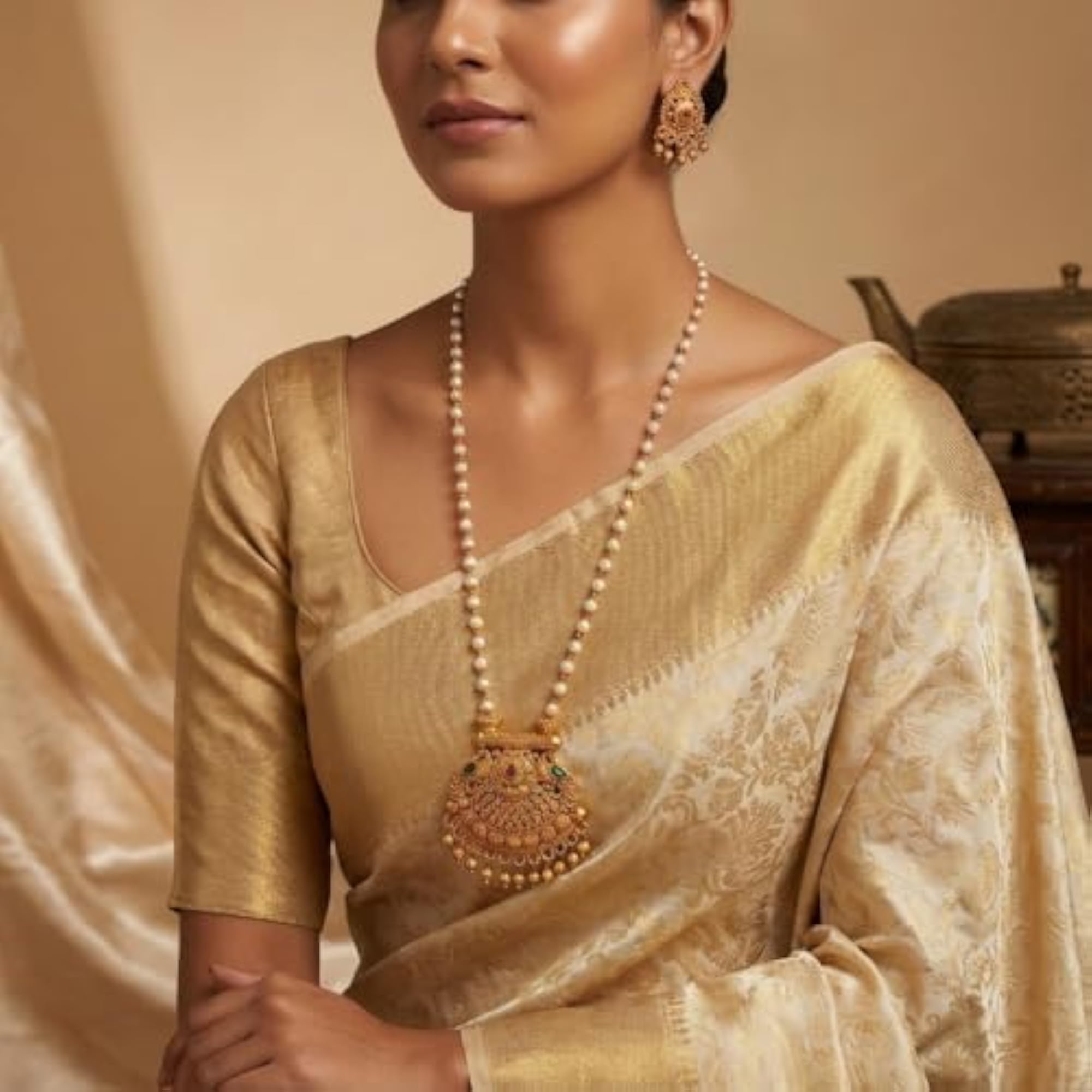 Women's Traditional Gold-Plated Pearl Necklace Set with Stud Earrings