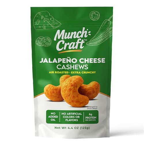 Image of Munch Craft Gourmet Jalapeno Cheese Cashews - Perfectly Balanced Flavor (Savory Cheddar & Zesty Heat) - Extra Crunchy Air-Roasted Nuts, Oil-Free - No Artificial Colors or Flavors - 4.4 oz (125g) Resealable Bag