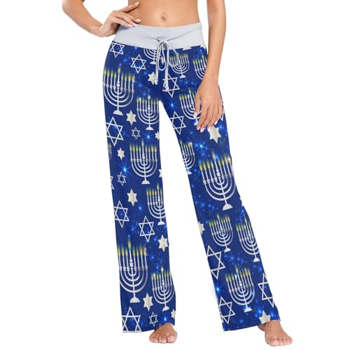 VitVerCosy Happy Hanukkah Womens Pajama Pants Lounge Long Wide Leg Pajama Pants Drawstring Pajama Bottoms with Pockets Casual Home Wear