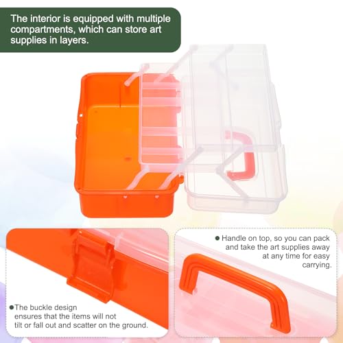 Image of YOKIVE Art Supply Storage Organizer, Art Tool Storage Box 3-Tray Craft Box Art Supplies Organizer with Handle Buckle for Brushes Paints Stamps, Trans Orange