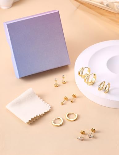 Florideco Small Gold Hoop Earrings 14K Gold Plated Hypoallergenic Flat Back Earrings Surgical Stainless Steel Cartilage Earring Sets for Multiple Piercing Trendy Earring Stacks Flatback Stud Earrings3