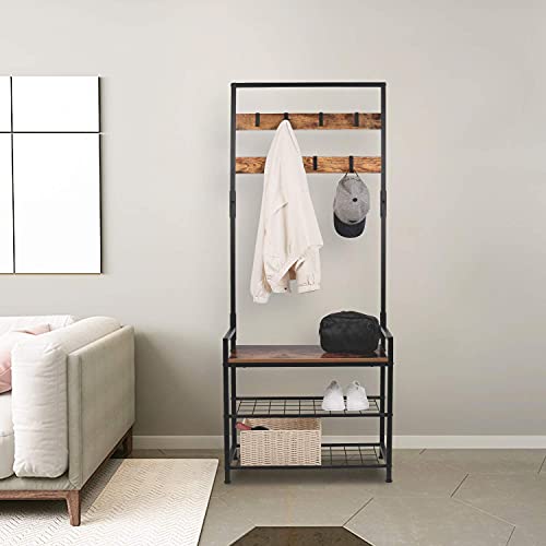 Homekoko Coat Rack Shoe Bench, Hall Tree Entryway Storage Bench, Wood Look Accent Furniture With Metal Frame, 3-In-1 Design (Rustic Brown) #TOP2