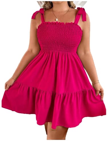 Floerns Women's Plus Size Summer Knot Tie Shoulder Ruffle Straps Flounce Flowy Smocked Sundress Shorts Dress