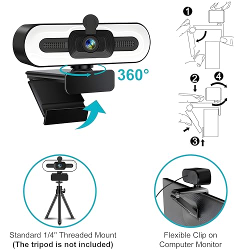 Image of Webcam Full HD 1080p with Built-in Microphone and 3 Colour LED Light, XVersion USB Plug & Play Web camera for PC /Laptop /Streaming /Meetings / 360 Degree Rotation, 1 Year Manufacturer Warranty - Black