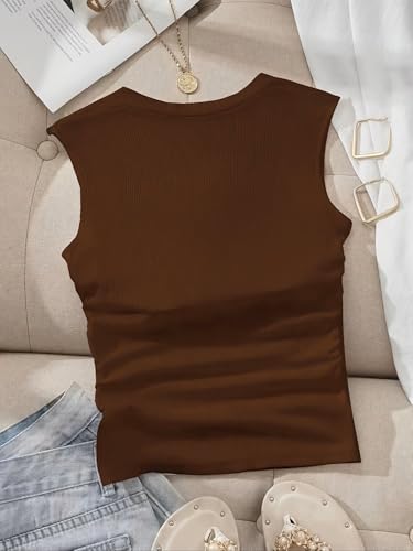 Image of ADBUCKS Women's Ribbed Square Neck Tank Top - Double Layered Ruched Vest, Slim Fit Stretch Fabric Sleeveless Top Without Chest Pad