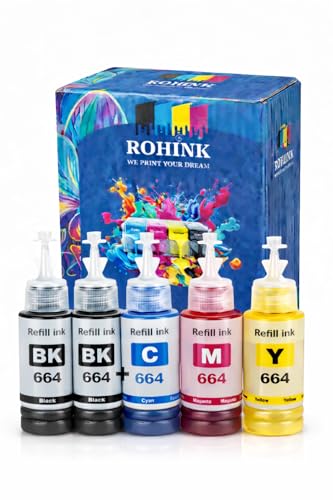 Image of ROHINK T664 Compatible Refill Ink for Epson L130, L360, L380, L361, L565, L210, L220, L310, L350, L355, L365, L385, L550, L555, L605, L1300 Printer (70ML*2 Black + 70ML*3 C,Y,M)