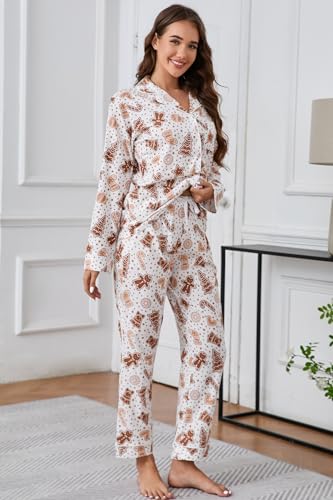 Image of LUBOT Christmas Pajamas for Women 100% Cotton Pajama 2 Piece PJ Set Soft Long Sleeve Button Xmas Print Loungewear XS-XXL