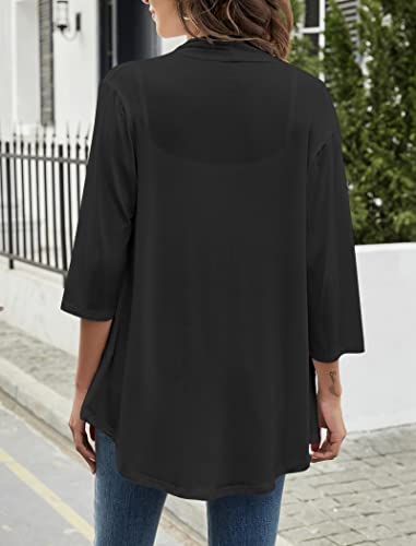 Image of Yekaty Women Cardigan 3 /4 Sleeves Open Front Lightweight Cardigan Draped Ruffles Knit Cardigan