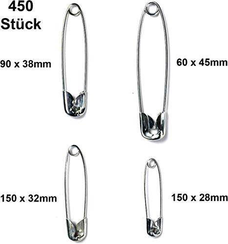 M&H-24 Lot de 450 épingles à nourrice de 28 mm à 32 mm - 38 mm - 45 mm - Lot de Pinces de sécurité en métal argenté - pour Coudre et bricoler