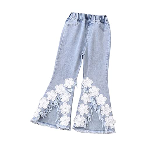 Girls Bell Bottom Jeans Baggy Raw Hem Floral Trousers Y2K Wide Leg High Elastic Waisted Casual Loose Trousers Clothes