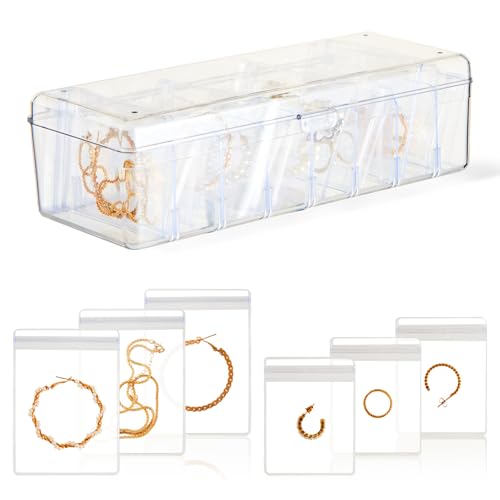 KAMJUNTAR Acrylic Jewelry Box Organizer, Clear Jewelry Organizers and Storage Box with 60 Portable Anti Tarnish Bags, Travel Jewelry Case with Lid for Ring, Earrings and Necklaces