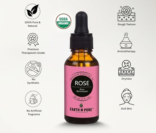 Image of Earth N Pure Rose Essential Oil | 100% Pure & Natural | Steam Distilled | For Aromatherapy, Diffuser, Skin & Hair Care | 30ml