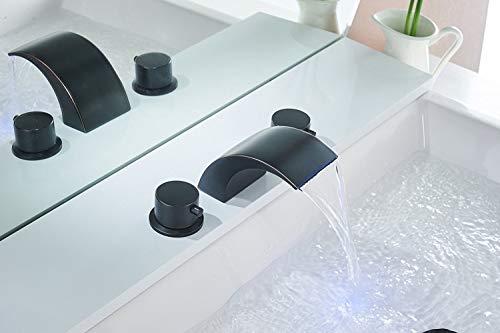 Bathfinesse 8 Inch Led Waterfall Widespread Bathroom Sink Faucet Bronze 3 Holes 2-Handles With 3-Colors Light Changing Commercial Basin Vanity Oil Rubbed Bronze Water Supply Hose Mixer Tap Lead-Free #TOP4