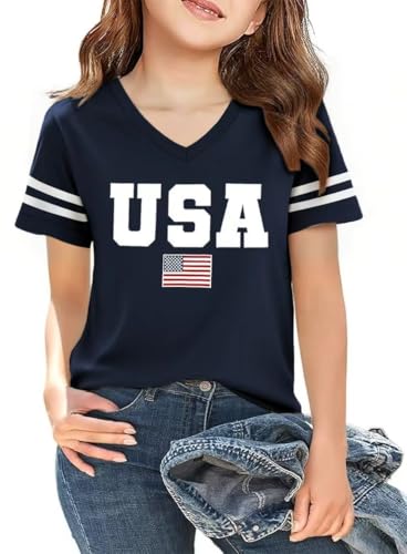FKQRXO V-Neck American Flag 4th of July Shirt for Girls Kids Summer Independence Day Bow Printed Graphic T Shirt(Blue L)