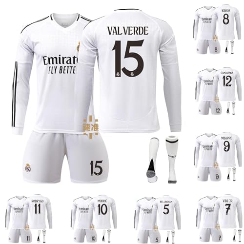 2024-2025年 長袖 レアル・マドリード ソックス付き 大人+子供 ビニシウス ベーリンガム キリアン・エムバペ モドリッチ ベリンガム ユニフォーム サッカー 背番号7 ムバッペ 上下セット 通気性 M 15番