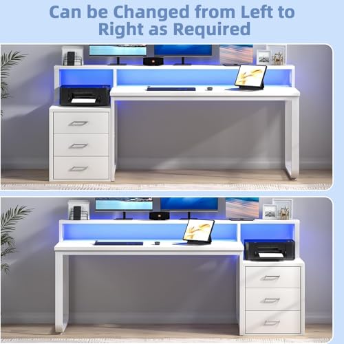 Image of MaverickFurni 67 inch White Desk with 3 Drawers and LED Lights, Reversible Computer Desk with Moniter Stand and Printer Shelf, Home Office Desk with Storage for Work Writing Study, White