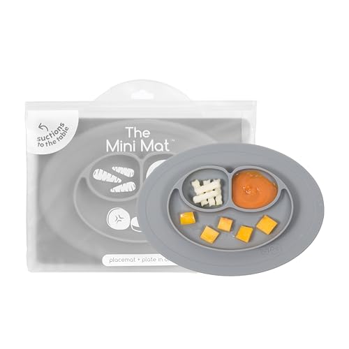 Image of ezpz Mini Mat for 12 Months+ (Gray) - 100% Silicone Placemat + Plate with Suction for Infants + Toddlers - Supports Baby-Led Weaning - for Highchair, Dining Table and Travel