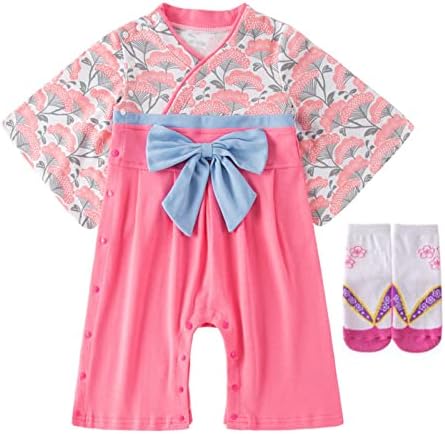 Amazon Co Jp 袴風ロンパース 女の子 ピンク 袴カバーオール お食い初め 初節句 出産祝い 靴下つき 赤ちゃん 新生児 浴衣着物 ベビー服 70 80 90 服 ファッション小物