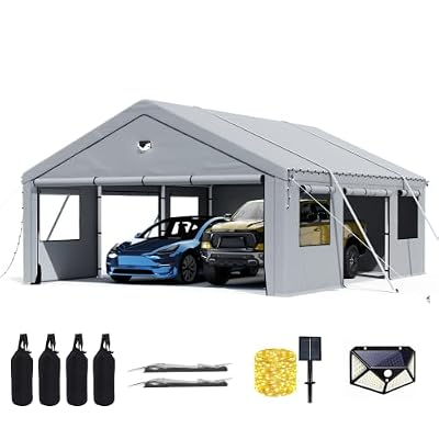 20X20 FT Carports Heavy Duty,2 Car Carports with Side Doors,Portable Garage Shelter with Galvanized Steel Frame - All-Weather Shelter for Car, Truck, Boat, Gray, Extra Large Outdoor Carport Canopy