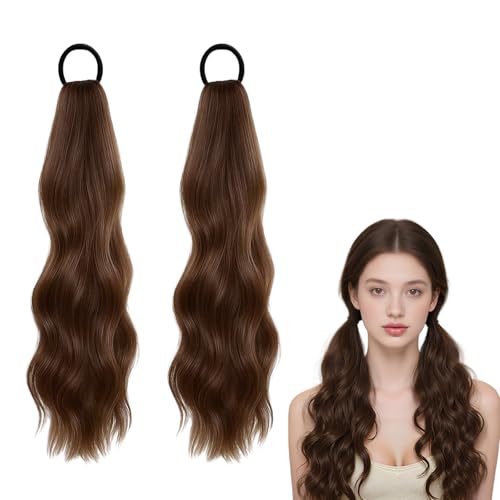 SGQTZDZQ 2 Pcs Ponytail Extension Human Hair, Wavy Pony Tail Extensions, Brown Clip in Ponytail Hair Extensions Hairpieces for Women (Light brown)
