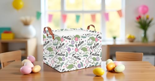 Image of CLOCOR Rectangular Green Easter Gift Basket Empty,Waterproof Storage Basket with Handles,Room Decor(Rabbit Egg)
