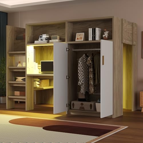 Sapgaks Lit Mezzanine 90 × 200 cm, lit Enfant Simple avec éclairage LED, avec Bureau, Armoire et Compartiments de Rangement, lit Mezzanine Multifonctionnel, Coloris...