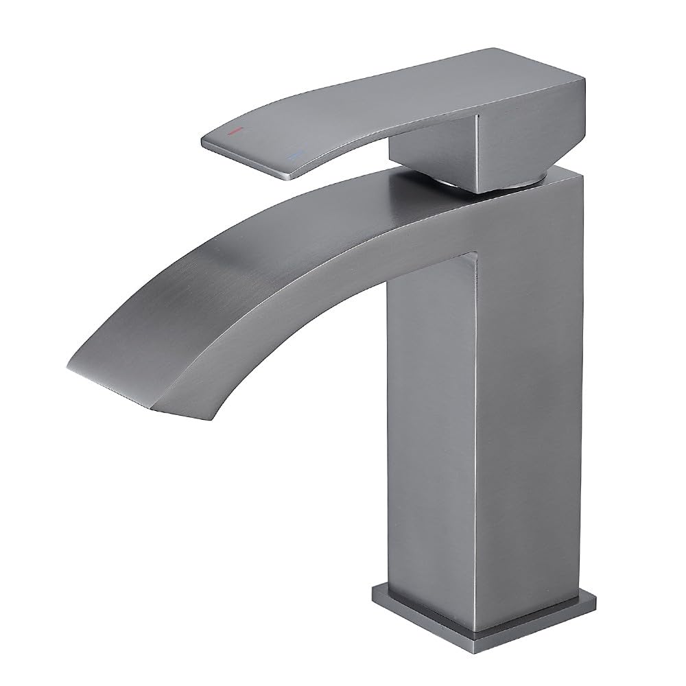 Heable Basin Mixer Taps Grey Waterfall Bathroom Sink Tap Mixers Mono 1 Hole Single Lever Modern with G1/2'' Hoses Round Cloakroom Taps Hot and Cold Water Mixer