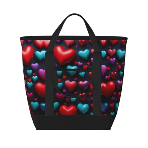 Romantic Reds Heart Print Tote Bag Adult Heavy Duty For Picnic Beach Camping Large Capacity Insulated Tote Bag