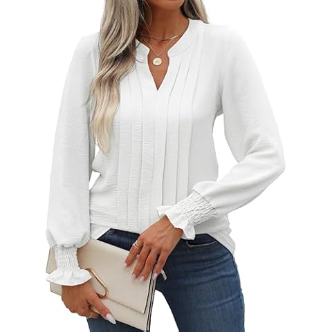 ZAAYO Womens Ruffle Long Sleeve Tops Tunic for Work Casual V Neck Pleated Shirts Fall Blouses Dressy White Cover