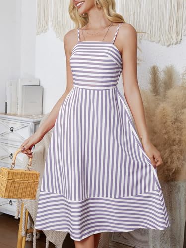 Image of Women's Striped Sleeveless A Line Beach Summer Dress Spaghetti Strap Backless Smocked Cutout Ruffle Midi Dresses Purple