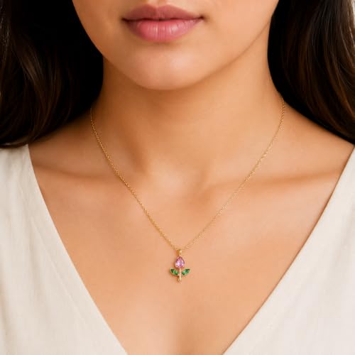 Image of Gold-Tone Rose Pendant Necklace for Women with Pink Crystal, Floral Charm Chain Stainless Steel Anti Tarnish Waterproof Hypoallergenic, Gift for Her