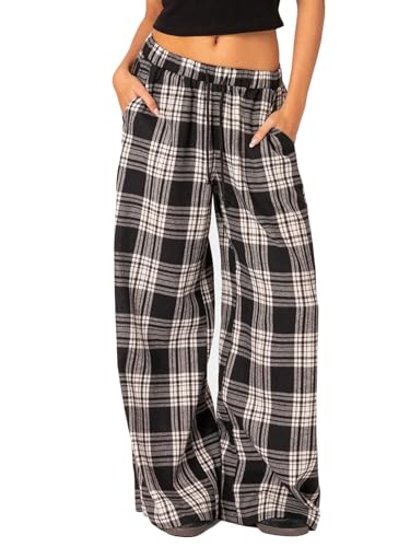 Women Drawstring Plaid Print Loose Pants Low Rise Show Navel Casual Trousers Elastic Waist Wide Leg Lounge Pants