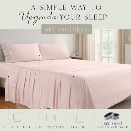 Image of KARISSA MAE Luxury Bamboo Viscose King Size Sheet Set | FSC Certified | Cooling | Ultra Soft | 18 inch Deep Pockets | Elastic Corner Straps | Includes Organizer Band [Pink Peony]