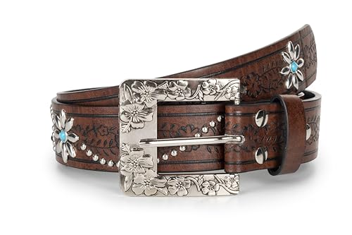 Western-Cowgirl-Rivet-Belt for Women - Versatile Studded Bling Floral-Cowboy-Belt Waist with turquoise for Jeans Pants3
