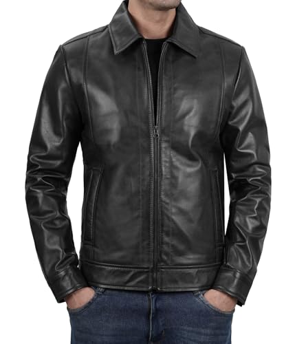 Image of Blingsoul Vintage Distressed Leather Jacket for Men - Shirt Collar Genuine Lambskin Mens Leather Jacket