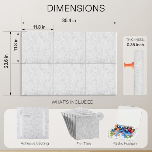 Image of MaxGear Felt Bulletin Board 36 inch x 24 inch, Light Gray Felt Wall Tiles Push Pins
