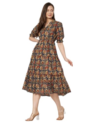 Image of Women's Floral Summer Maxi Dress I Cotton Printed I One Piece Bodycon Midi Dress with V-Neck, Puffed Sleeves