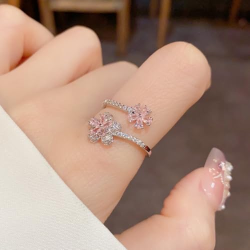 Kokoma Pink Plum Blossom Flower Ring for Women Crystal Cubic Zirconia Floral Ring Adjustable Wrap Finger Rings Dainty Engagement Wedding Jewelry2