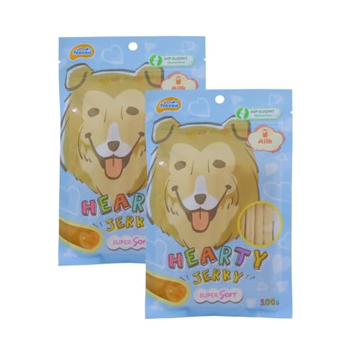 Image of Novee Hearty Jerky Milk Flavour Dog Treats,Soft & Chewy, Calcium-Enriched Protein Snacks, Supports Bone Strength & Daily Reward for All Dog Breeds,100g x 2 Pack
