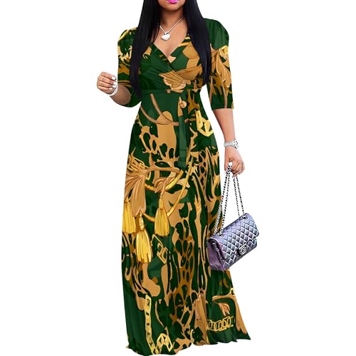 Image of PinkPatty Women's Long Sleeve Maxi Dress Plus Size Trendy Wedding Guest Wrap Dress with Pockets&Belt