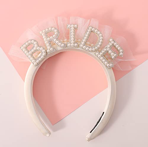 Agkvw Pearl Veil Bride Headband White Satin Hairband with BRIDE Decorated by Pearl and Rhinestone Bridal Hairband for Bachelorette Party Decorations Womens Hair Accessory