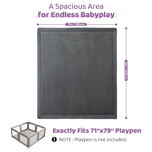 Image of Baby Play Mat for Floor, 1.3 Inch Thick Memory Foam Tummy Time Mat with Non Slip Backing, Soft Coral Velvet 71X79 Inch Playpen Mat Crawling Tatami for Infants Toddlers Kids, Dark Gray