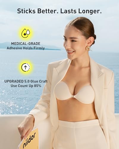Image of Niidor Adhesive Bra Sticky Invisible Push Up Bra for Women, Reusable Silicone Bra Strapless Backless with Nipple Covers for Wedding Party Dress