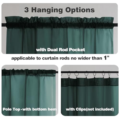 Image of Chyhomenyc Hunter Green Sheer Valances for Windows - Light Filtering Small Kitchen Curtains, Rod Pocket Short Top Window Treatment Decor for Living Room Bathroom Basement, 42Wx16L inches, 2 Panels