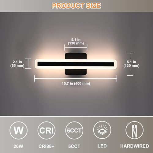 Image of 15.7 Inch Black Vanity Light for Bathroom Light Fixtures, 20W 5CCT Dimmable LED Vanity Lights Bar 2700K-5500K, Modern LED Bath Lights Wall Sconces for Bathroom Mirror Cabinets Bedroom