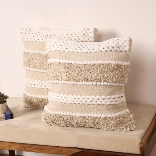 Image of Boho Cushion Covers 16x16 Inch Pack of 1| Handcrafted Woven Tufted Cotton Throw Pillow Covers | Bohemian Decorative Pillow Covers | Beige Cream Textured Pillow Covers (1 Piece)