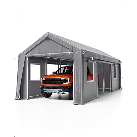 DEXSO 13'x25' Oversized Carport, Heavy Duty Portable Garage for Full-Size Pickup Truck, SUV, Compact Travel Trailer, 10 x 1.0 mm Steel Poles & 180 g PE Waterproof Canopy, Silver Gray Cover