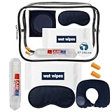 Jet Dream 6-Piece Compact Travel Essentials Kit for Airplanes – TSA-Compliant Airplane Comfort Travel Kit with Inflatable Neck Pillow, Eye Mask, Earplugs, Toothbrush & Toothpaste, 2 Sanitizing Wipes