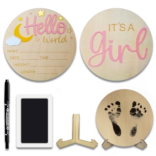 Image of 2Pcs Baby Announcement Sign Set, 5.9 Inch Hello World Newborn Sign and IT’S A Girl Welcome Signs, Baby Name Sign with Ink Pad for Hand & Footprints, 3D Wooden Birth Gifts for Hospital Shower Nursery